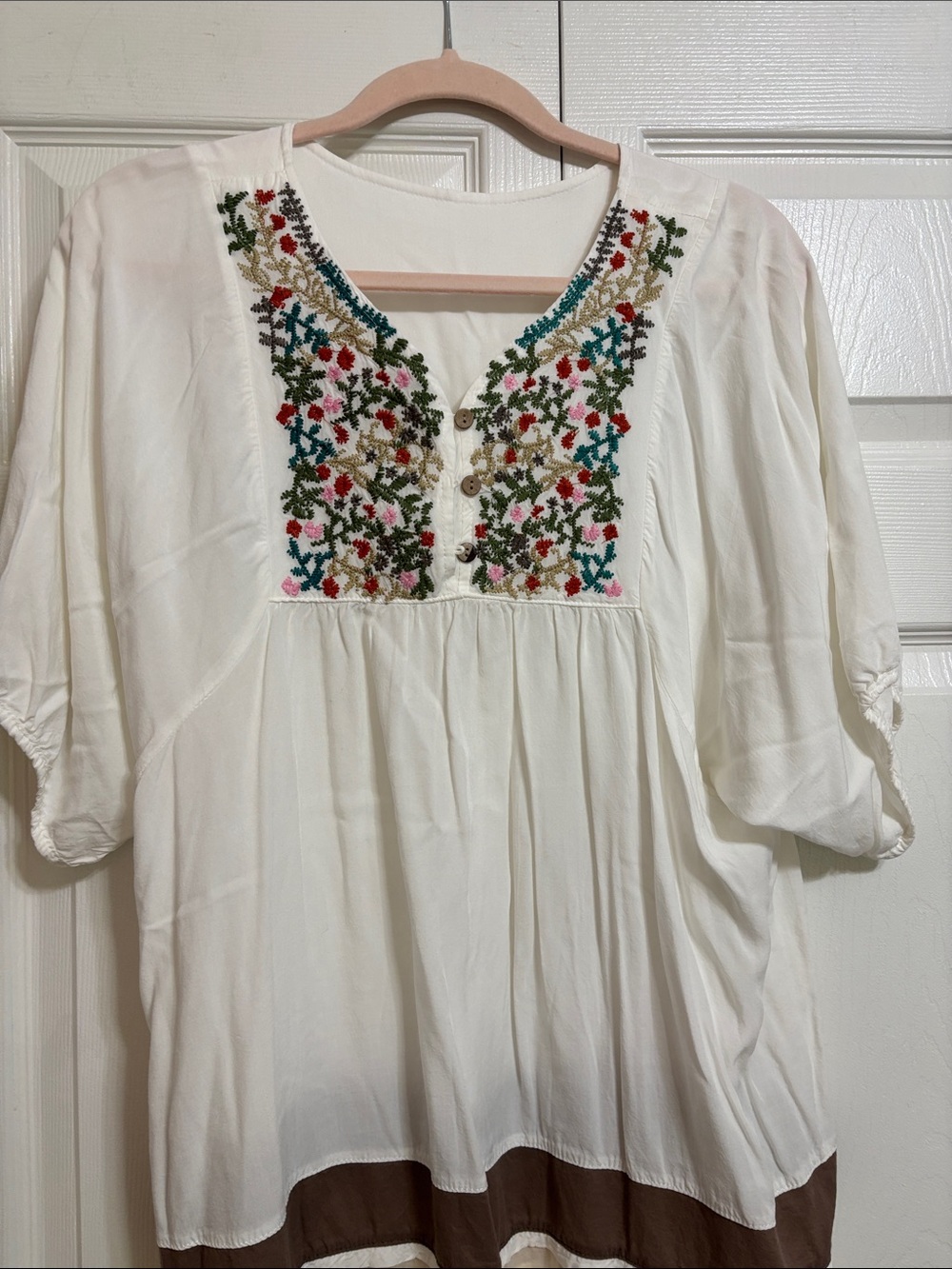 White Embroidered Mini Dress with Multicolor Floral Yoke and Contrast Hem - Picture 6 of 11
